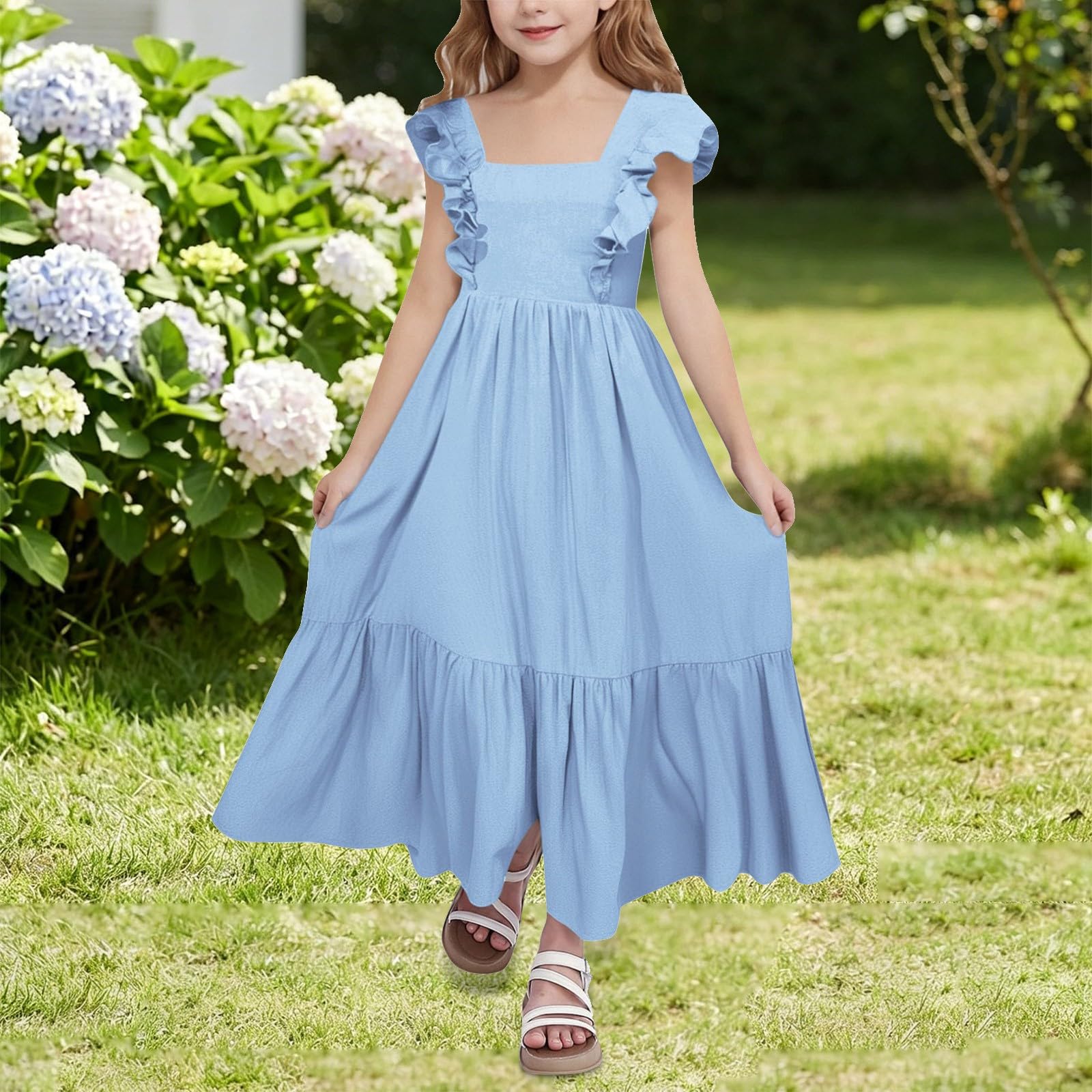 Vestido de verano para niñas, con volantes, sin mangas, casual, bohemio, para playa, vestido a la moda, para vacaciones, acampanado, vestidos de fiesta de cumpleaños