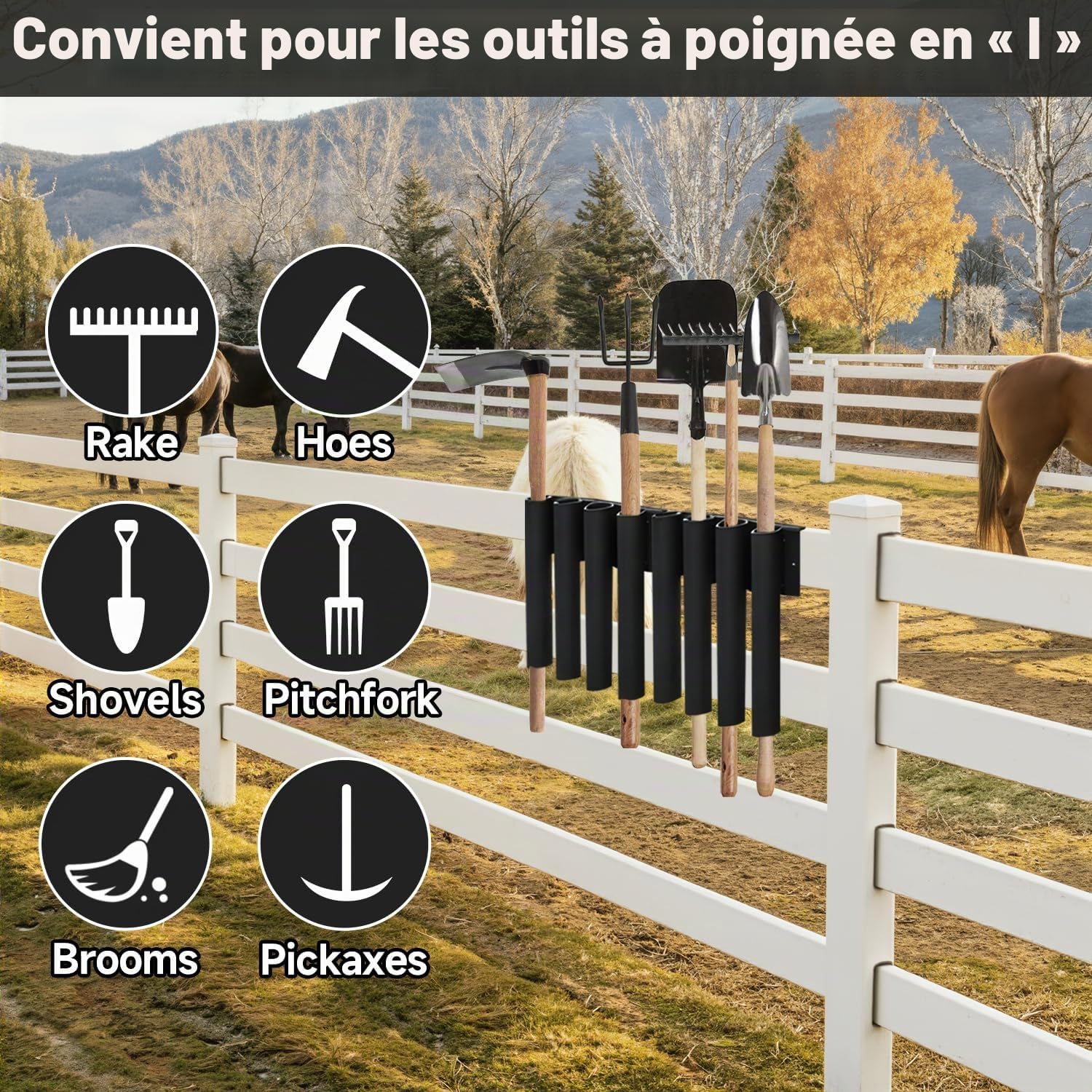Support de pelle à 8 trous pour camion, support de pelle en métal avec 8 trous en 2 groupes, porte-outils de remorque robuste pour tondeuse, râteau, pelouse, outils à main paysagers