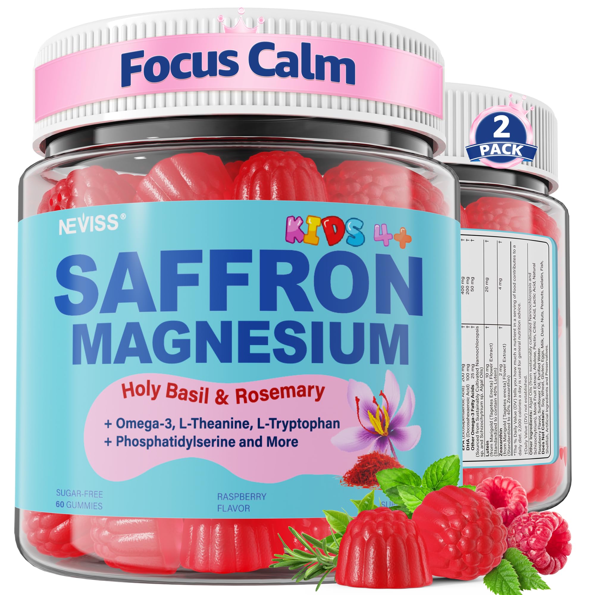 Saffron + Magnesium Glycinate + Omega-3 - Calm Focus Gummies for Kids Teens | Saffron Extract Supplement with L-Theanine, Holy Basil, Rosemary, B6, D3 for Happy Mood, Cognition, Nerve, Sugar Free, 2 P