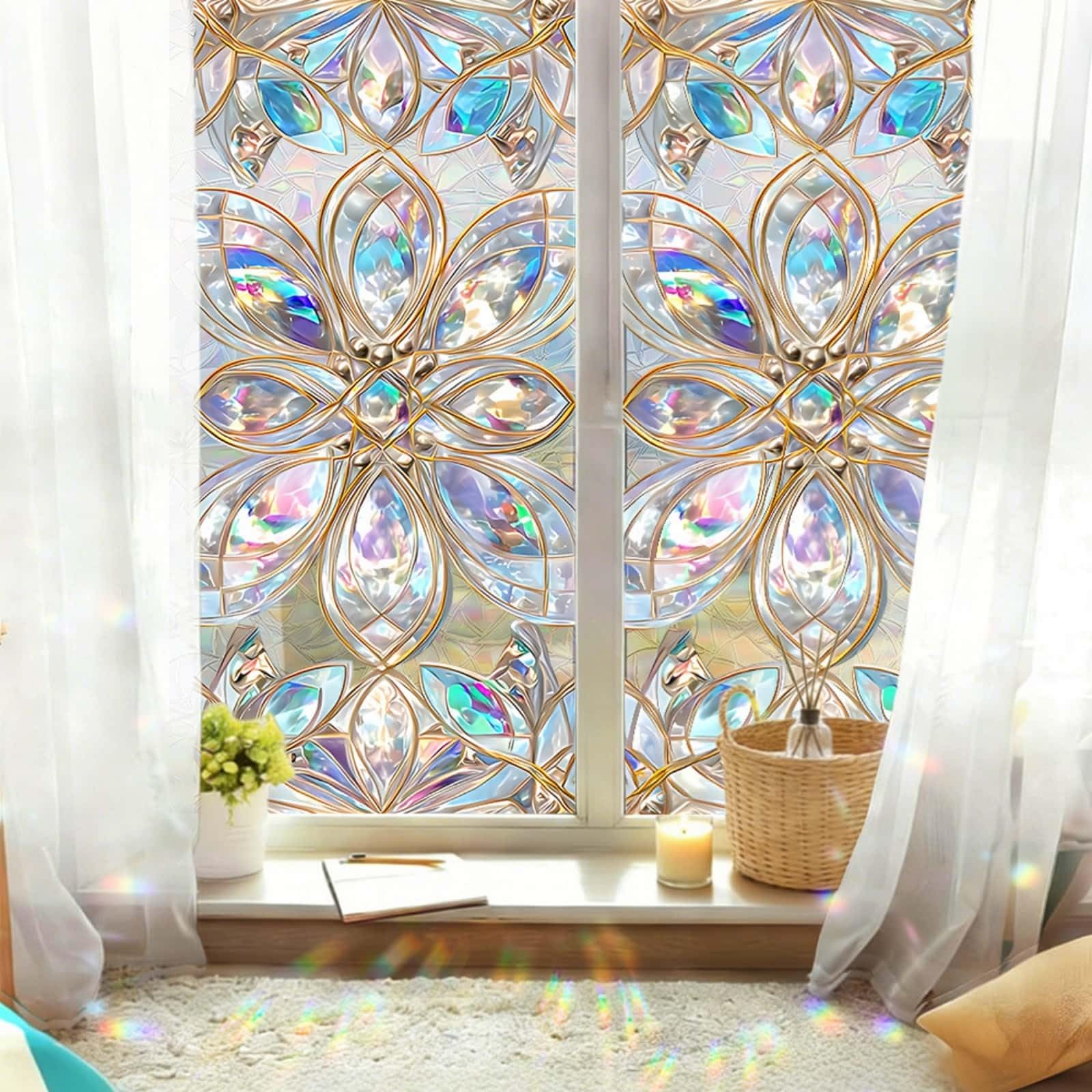 Privacy Film for Glass Windows 43x200cm Gold Silver Stained Glass Window Film Non Adhesive Reusable Waterproof PVC Opaque Window Stickers for Bathroom Office Decoration