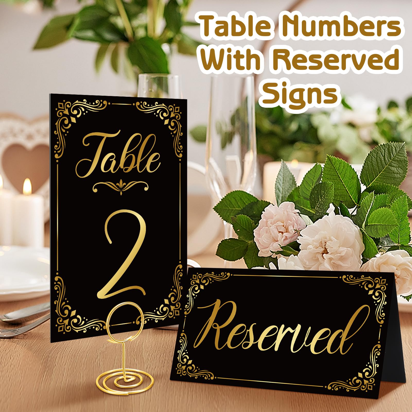 50 juegos de números de mesa de boda con soportes para números de mesa y letrero de mesa reservado, tarjetas de números de mesa dorados para recepciones de boda, aniversario, fiesta de