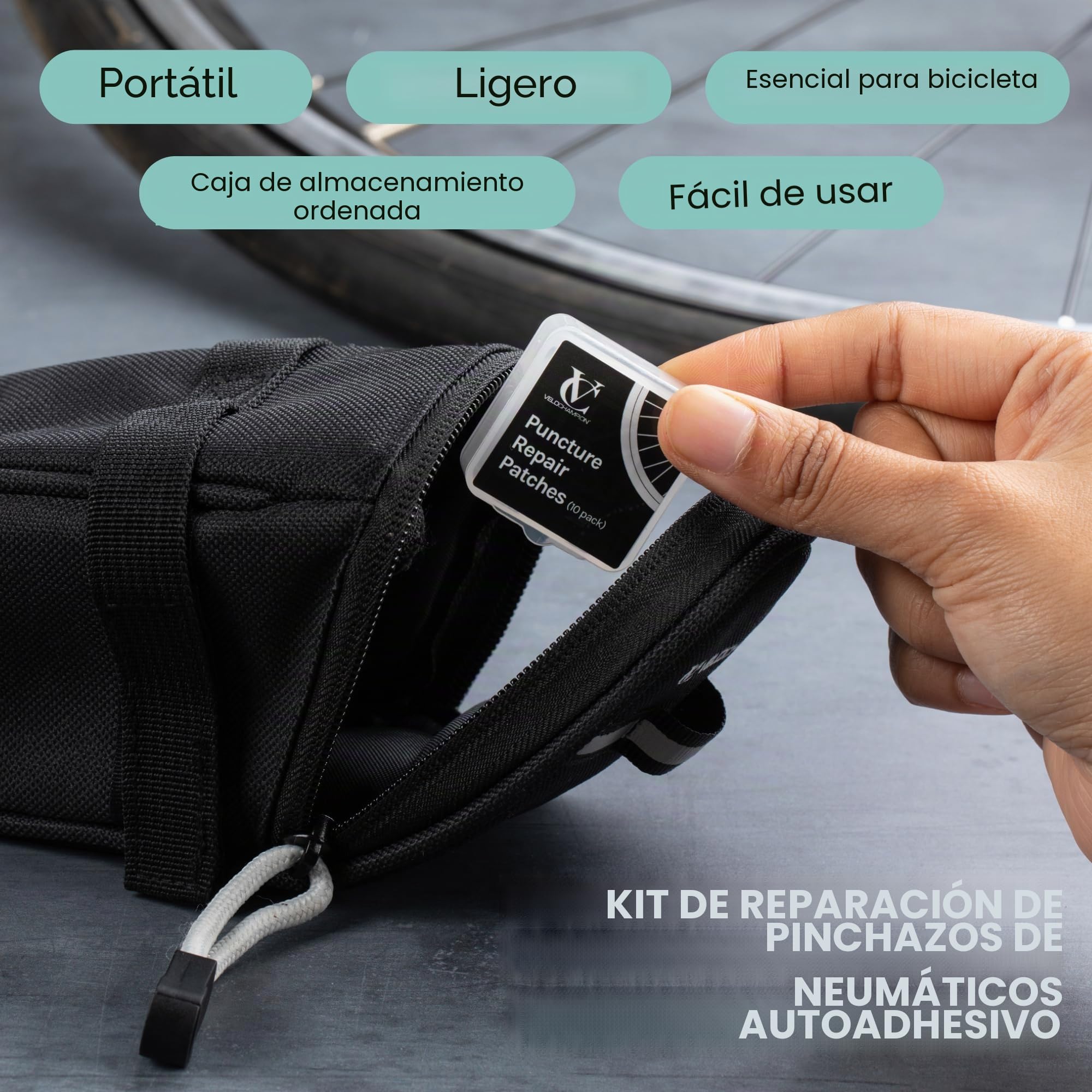 VeloChampion Kit Pinchazos Bicicleta con Parches Autoadhesivos y Desmontadores Opcionales, Kit Repara Pinchazos para MTB, Carretera, Ciudad y Bicicleta Eléctrica