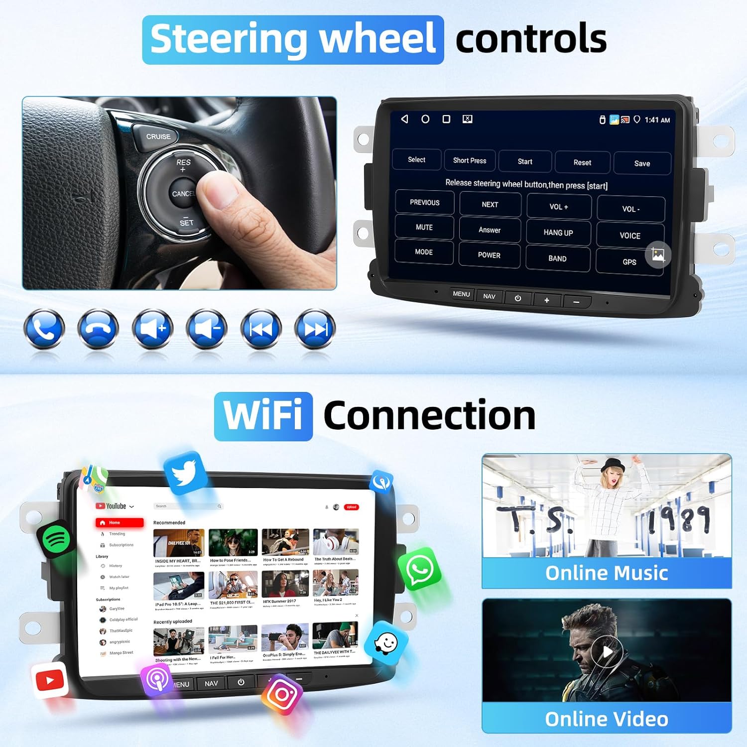 Steering wheel controls setup and Wi-Fi connection with online media playback