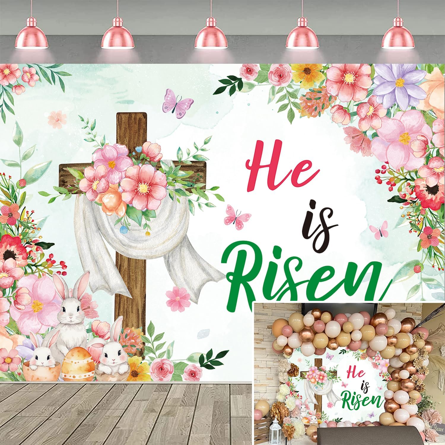 Easter He is Risen Backdrop Religious Jesus Resurrection Photography Background Spring Floral Rabbit Christian Cross Banner for Jesus Easter Spring Party Decorations Supplies (82x59 inch (7x5FT))