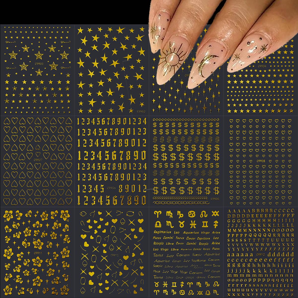 12 Sheets Gold Star Nail Art Stickers 3D Self Adhesive Flower Heart Letter Number Nail Decals Gold Metal Star Nail Art Supplies Manicure Decorations