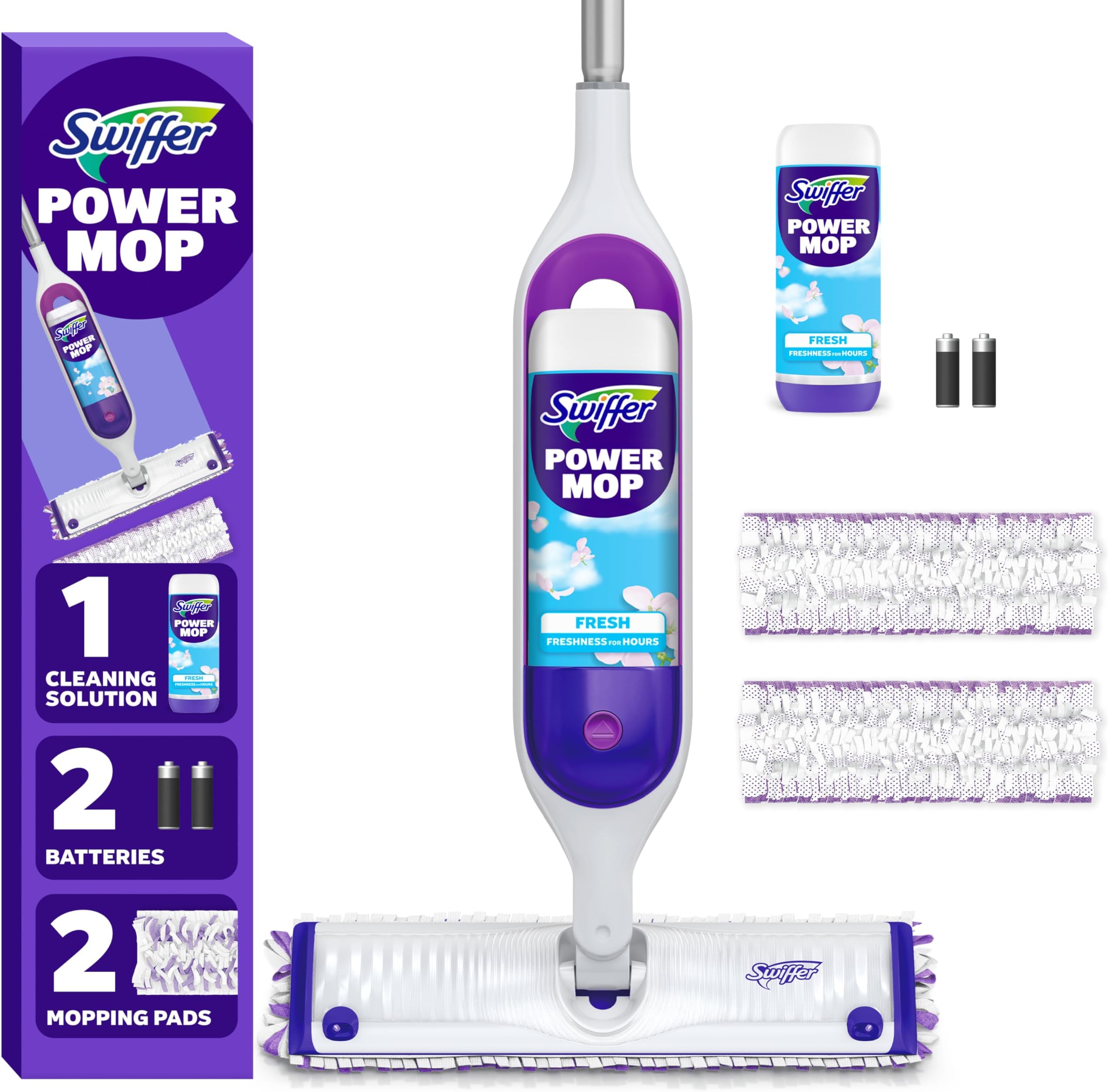 Swiffer PowerMop Multi-Surface Mop Kit for Floor Cleaning, Fresh Scent, Mopping Kit Includes PowerMop, 2 Mopping Pad Refills, 1 Floor Cleaning Solution with Fresh Scent and 2 Batteries