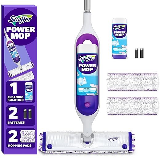 Swiffer PowerMop Multi-Surface Mop Kit for Floor Cleaning, Fresh Scent, Mopping Kit Includes PowerMop, 2 Mopping Pad Refills, 1 Floor Cleaning Solution with Fresh Scent and 2 Batteries
