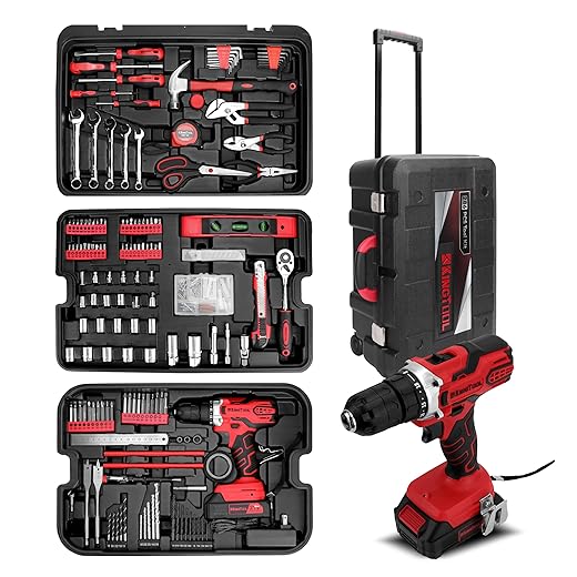 KINGTOOL Home Tool Set Kit - 286 PCS Home Auto Repair Tool Kit with Rolling Tool Box, Mechanic Tool Sets with 21V Max Cordless Power drill, Perfect for Homeowner, Diyer, Handyman