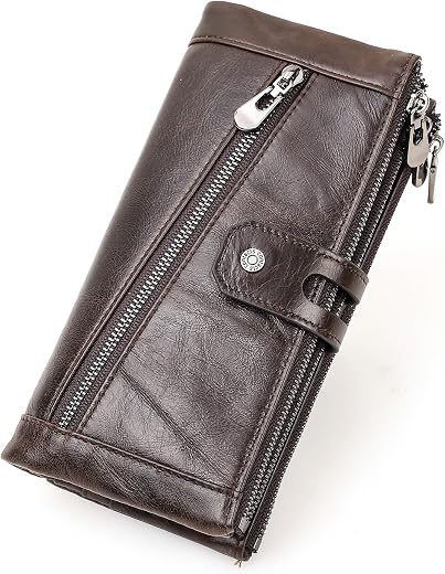 Sam's Design Women RFID Genuine Leather Zipper Button Long Wallet Lady Card Coin Holder Pocket Phone Clutch Purse Dark Brown