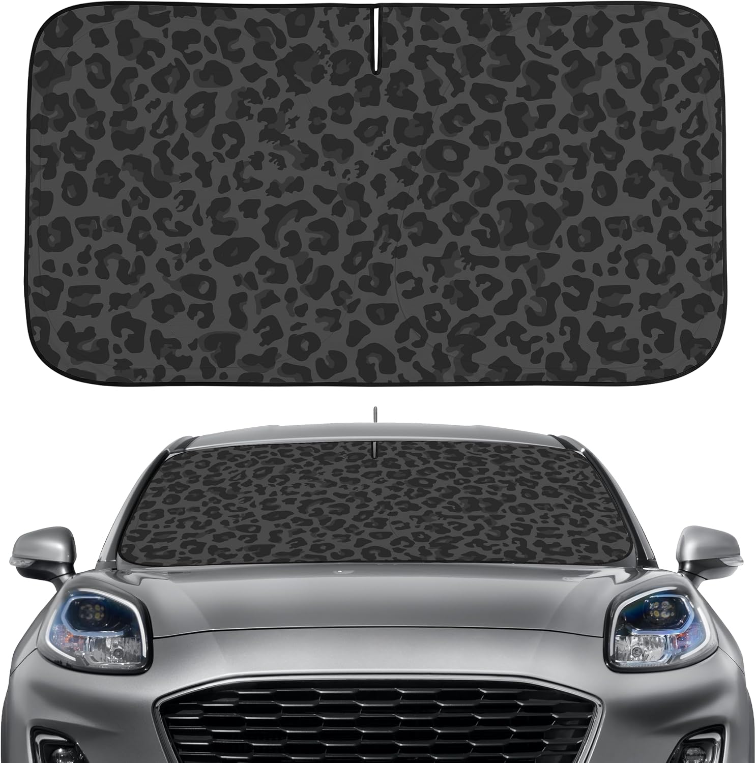 Black Leopard Windshield Sun Shade Funny Car Shades for Front Windows Foldable Blocks Heat and UV Rays Sun Visor Protector Sunshade for Car Truck SUV (Black Leopard, 57.1''L x 31.5''W)