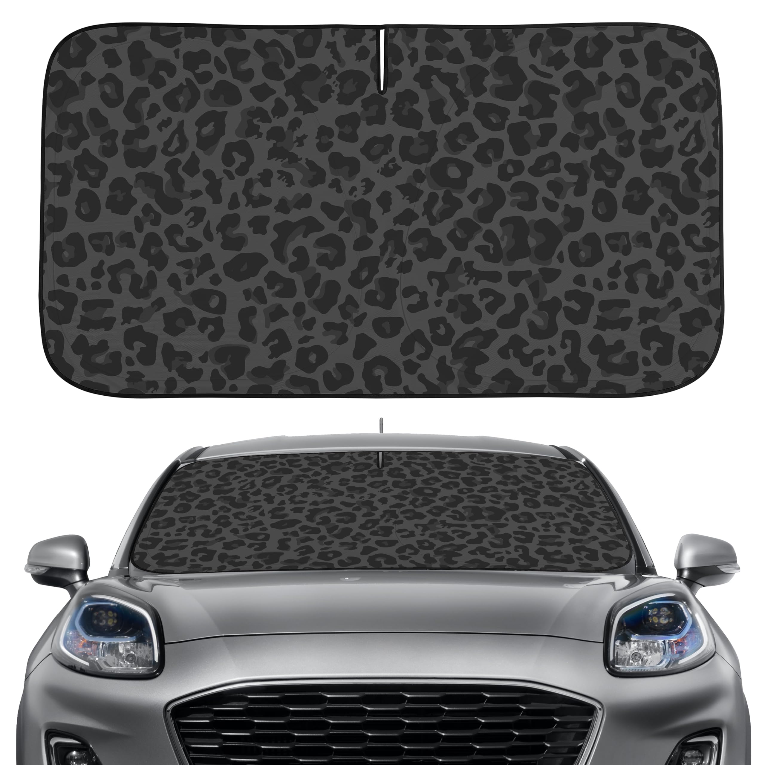 Photo 1 of Black Leopard Windshield Sun Shade Funny Car Shades for Front Windows Foldable Blocks Heat and UV Rays Sun Visor Protector Sunshade for Car Truck SUV (Black Leopard, 55.1''L x 27.5''W)