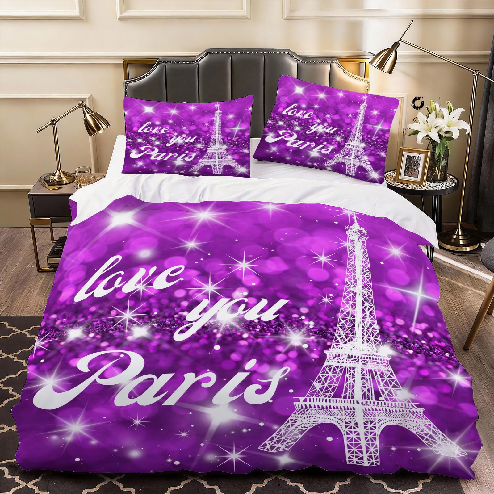 3D Girl Eiffel Tower Duvet Cover Romantic Bedding Double Bed Set, Soft Microfiber Comforter Cover Printed with Zipper Closure Quilt Coverr 200x200 cm and 2 Pillowcases