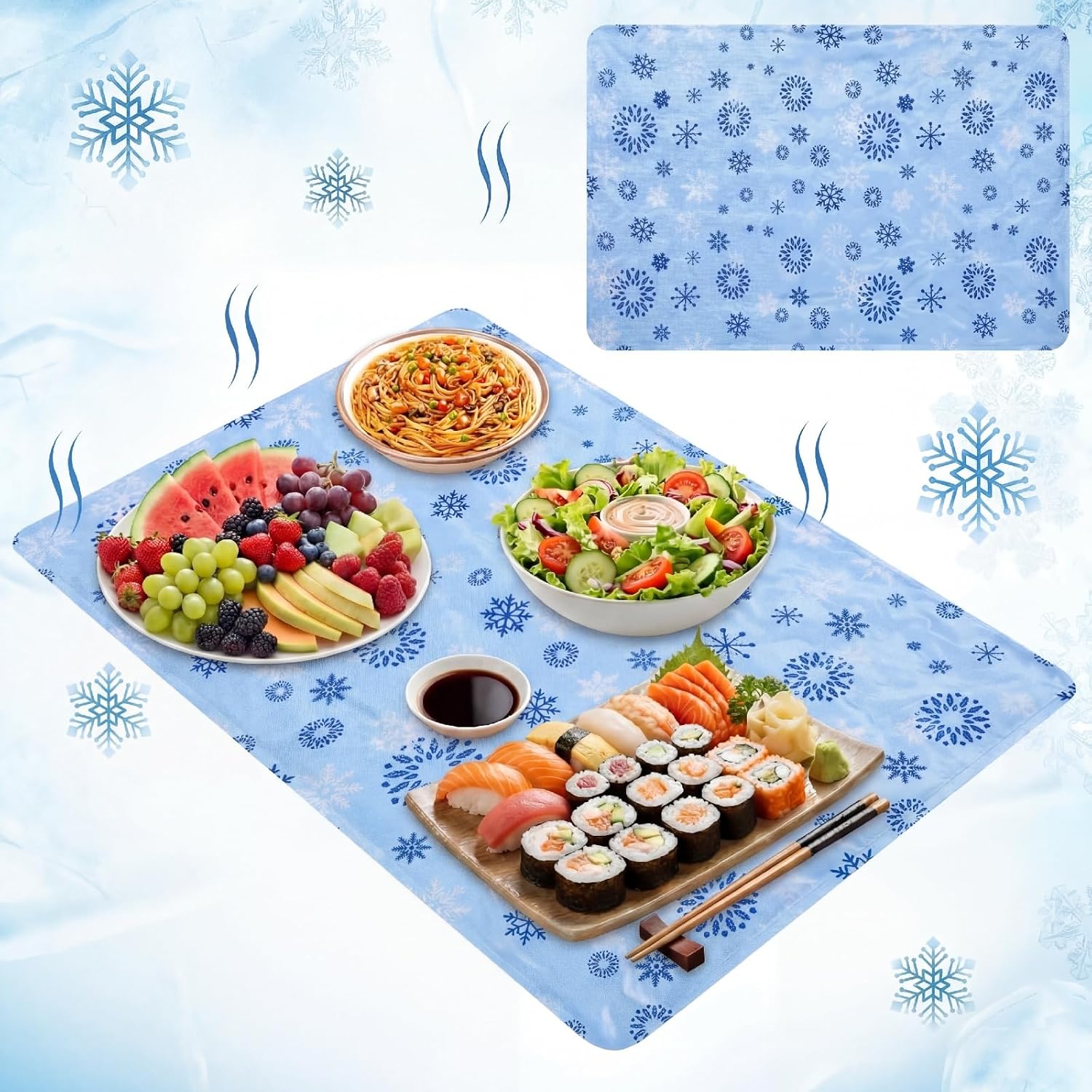 Light Blue Extra Large Reusable Freezable Ice Mat for Buffet Chilled Serving Tray 24 x 35 inches Cooling Charcuterie Cooler for Food Cheese Deli Meat Veggie Sushi (Snowflake)
