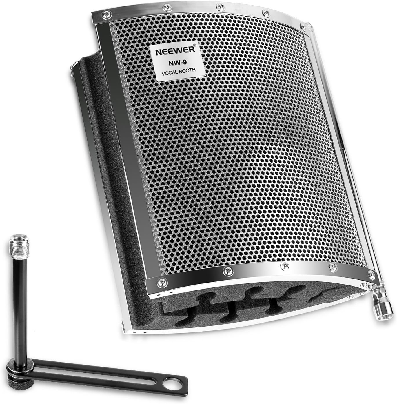 Neewer NW-9 Microphone Isolation Shield with its included bar holder and thread adapter.