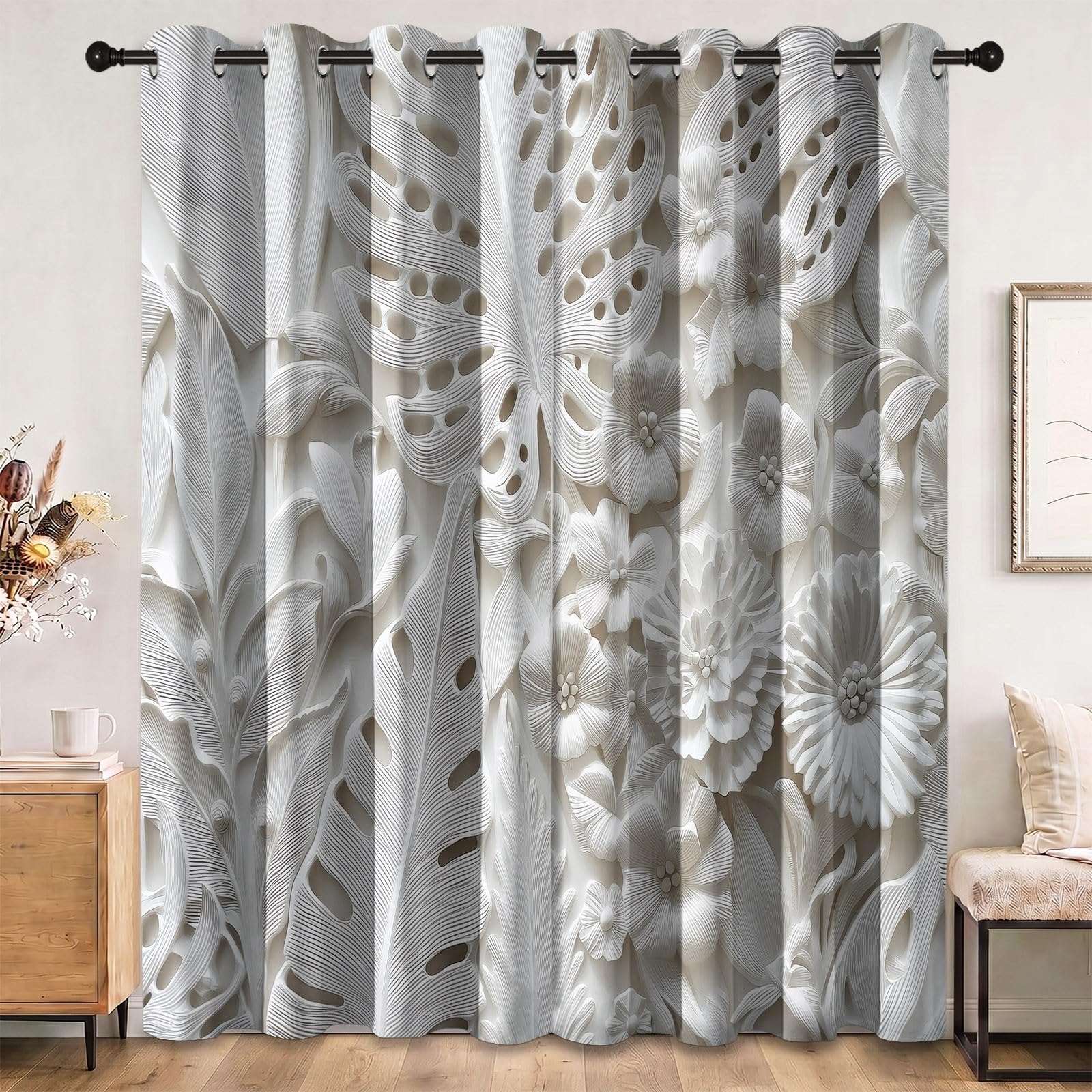 Rideau occultant à Motif de Feuilles De Monstera Minimalistes, Plante Rideaux œillets Isolation Thermique Traitements fenêtre à œillets pour Chambre À Coucher, 91.5L X 160H cm (2 Panneaux), Blanc