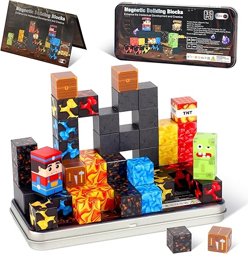 Juego de 35 bloques magnéticos de viaje, mini bloques magnéticos juguetes de viaje para niños de 3 a 5 4 a 8 años, cubos magnéticos portátiles,