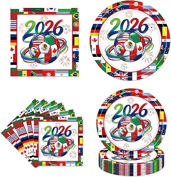 100Pcs International World Flags Decorations Tableware - Soccer theme Plates and Napkins Set, Around the World Globe Party Tableware for Soccer Birthday Party Decorations