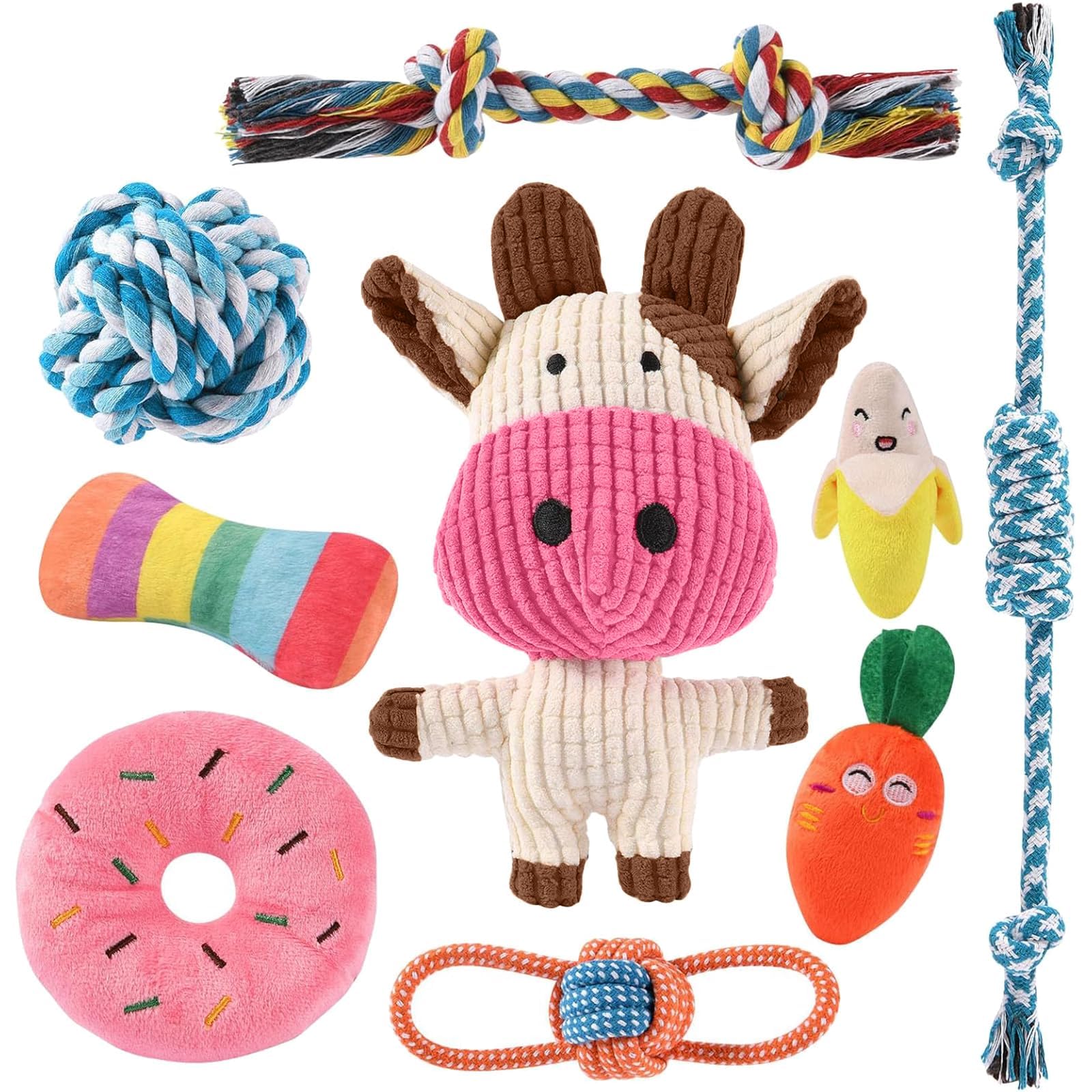 AMFUN Giochi per Cani, Set di 9 Giocattoli da Masticare per Cuccioli, Confezione Giocattoli di Lusso per Dentizione di Cani di Piccola, Cotone Naturale e Non Tossico