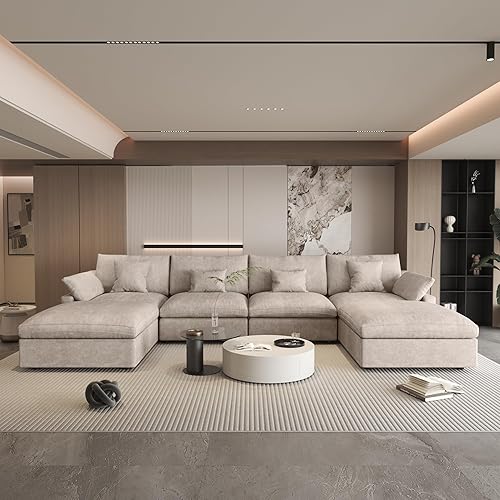 WJShome - Sofá seccional modular en forma de nube para sala de estar, sofá de 160" con relleno de plumón en forma de U con otomano, sofás