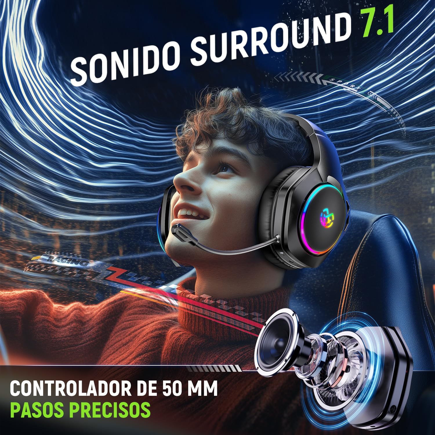 Tatybo Cascos Gaming Inalámbricos para PC/Ps5/Ps4, Auriculares Gaming Inalámbricos con 2,4 GHz+Bluetooth 5,3 Modo Dual, 7.1 Sonido Envolvente, Duración 40Hr+