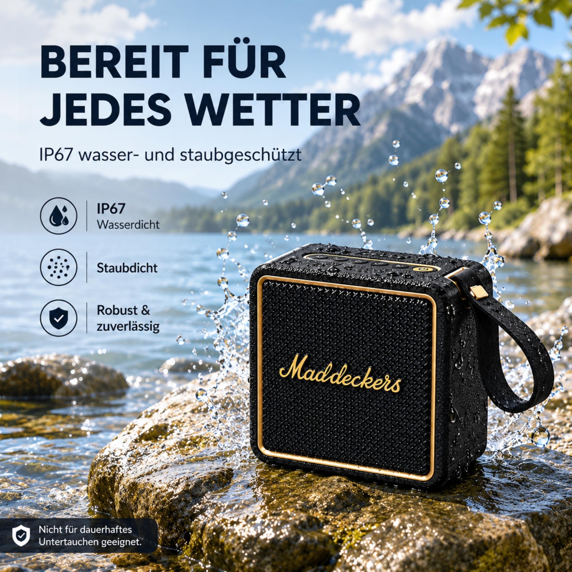 MG II Bluetooth Lautsprecher, 24W RMS Dauerleistung, Bluetooth 6.0, DSP Klang, IP67 Wasserdicht & Staubdicht, 17H+ Akku, RGB Licht, TWS Stereo, 3 EQ-Modi, Type-C Laden, AUX/TF/USB, Schwarz & Messing