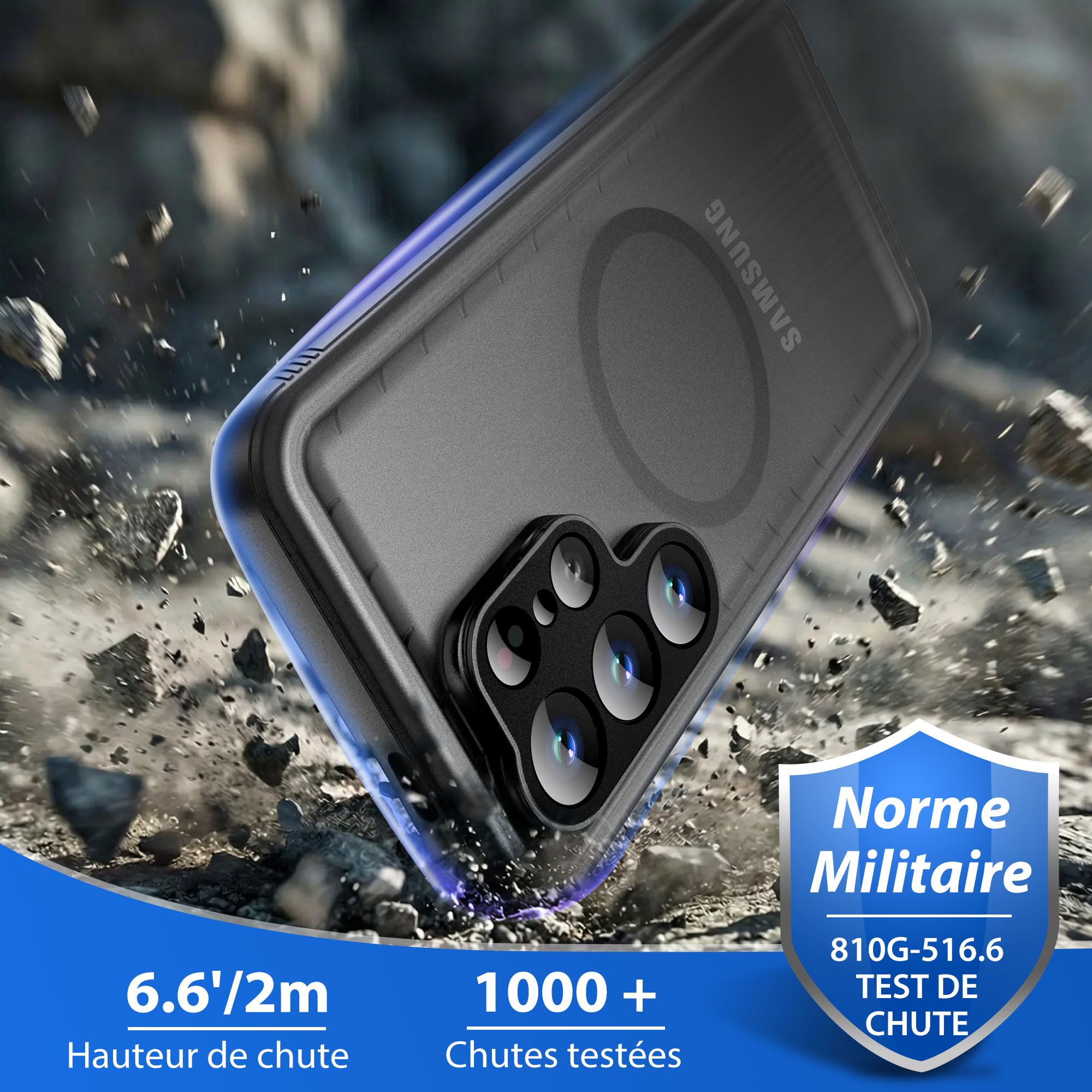 SPORTLINK Coque pour Samsung Galaxy S26 Ultra magnétique Compatible MagSafe, étanche IP68, Protection Antichoc Militaire 360° intégrale, Anti-poussière, écran et caméra intégrés, avec Cordon – Noir
