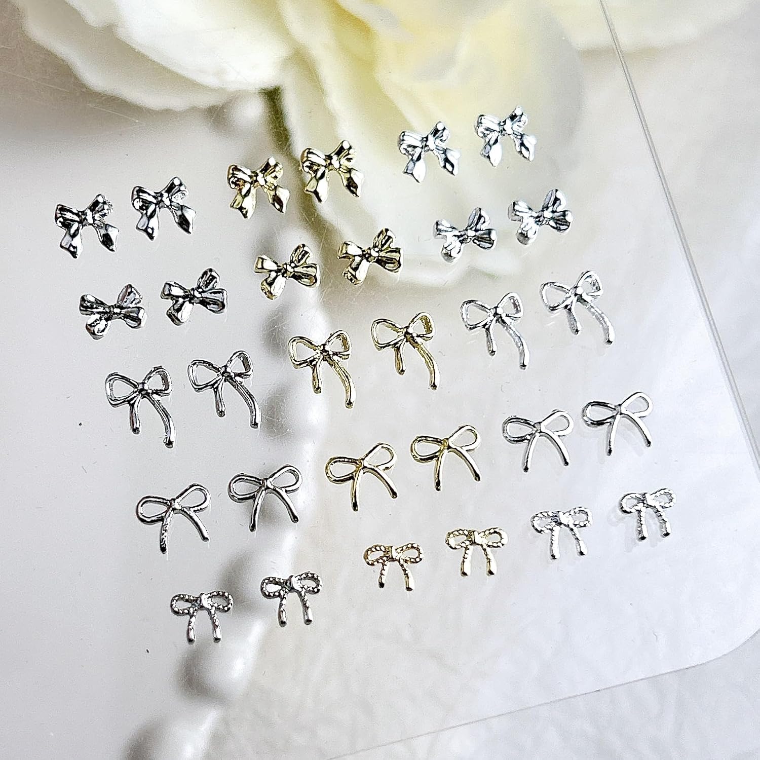 100Pcs Gold Silver Bow Nail Art Charms Multi Shape Crystal Flat Back Nail Decoration 3D Mini Bow Knot Nail Charms Metal Mix Size Cute Ribbon Nail Art Accessories for Women Valentine's Manicure image 5
