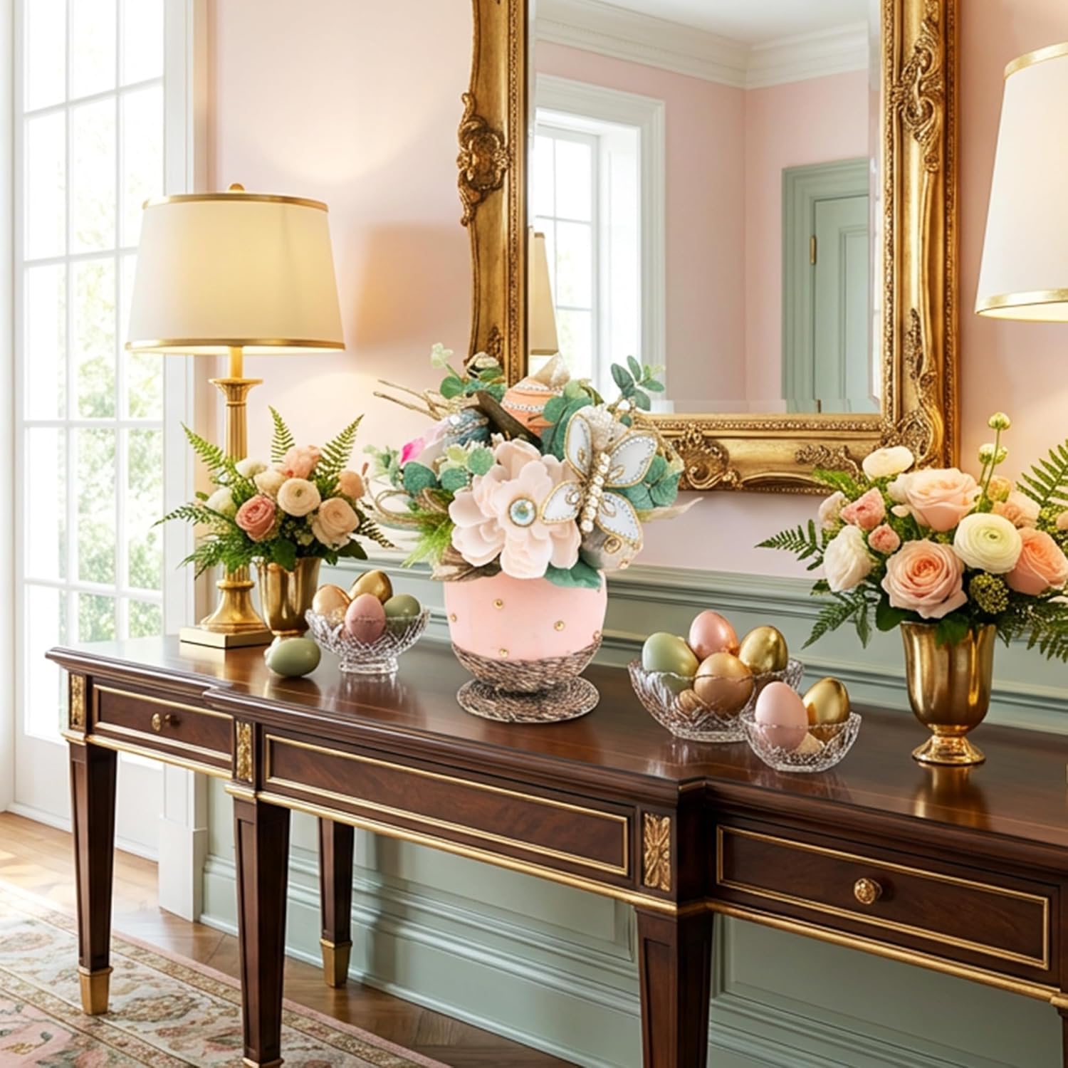 Holiday Tree Easter Floral Arrangement with Peonies, Roses, Jeweled Butterflies, Greenery and Easter Eggs, Pink Centerpiece, 10" x 10" x 10