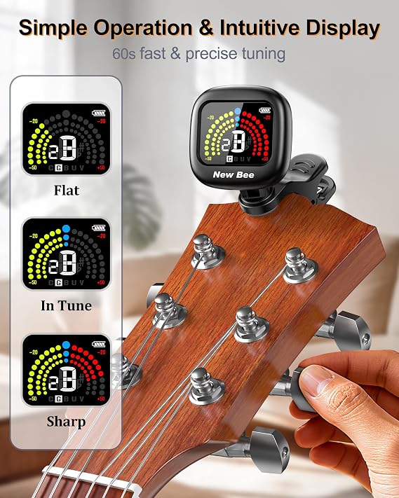 New bee Guitar Tuner Rechargeable, Color Screen Clip On Tuner | 360 Rotatable, Fast & Accurate Chromatic Tuning, for Guitar, Bass, Ukulele, Violin, Cello