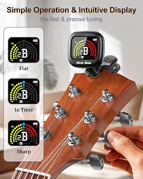 New bee Guitar Tuner Rechargeable, Color Screen Clip On Tuner | 360 Rotatable, Fast & Accurate Chromatic Tuning, for Guitar, Bass, Ukulele, Violin, Cello