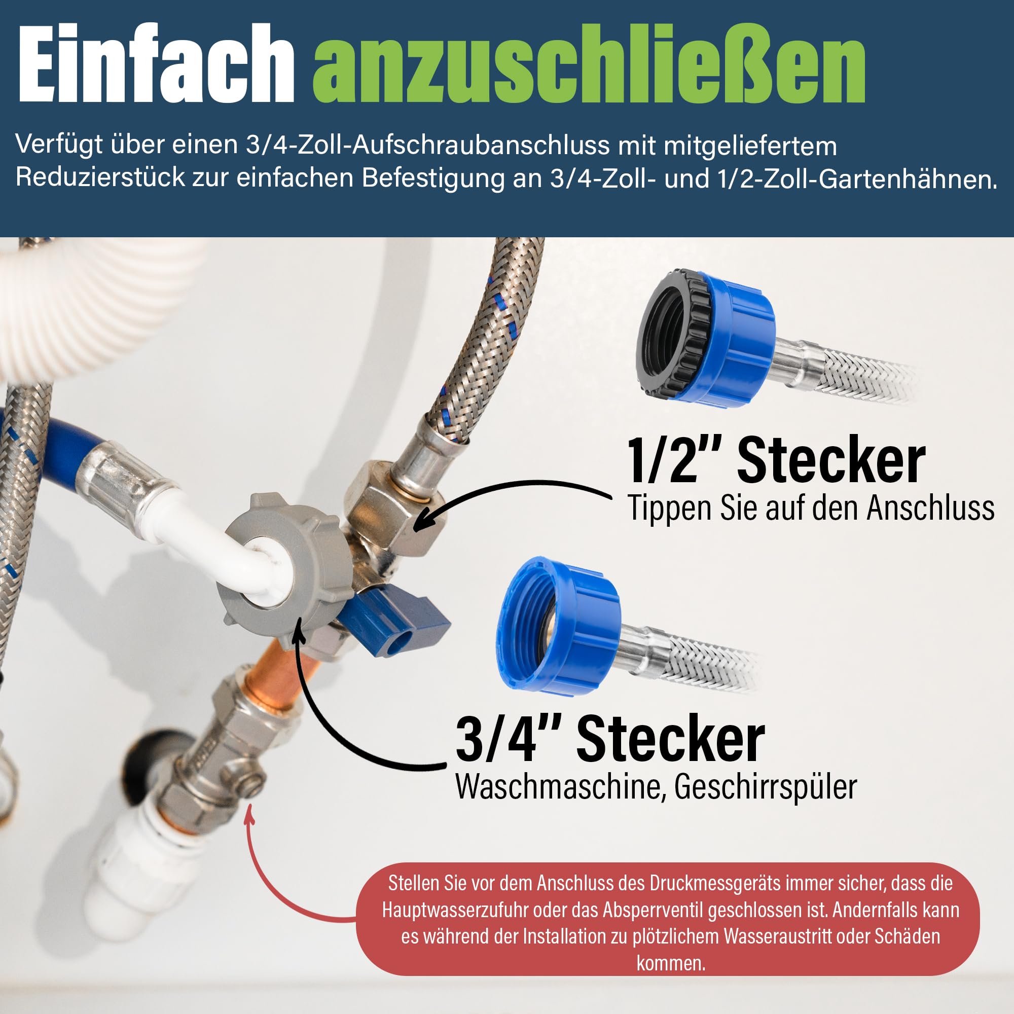 Netzwasser-Manometer - 0-11 Bar / 0-160 PSI - Netzwasserversorgungsdruckmessgerät mit Schlauchhahnanschluss - Sanitärwerkzeug für Haus, Garten & Bewässerungssystem Überwachung