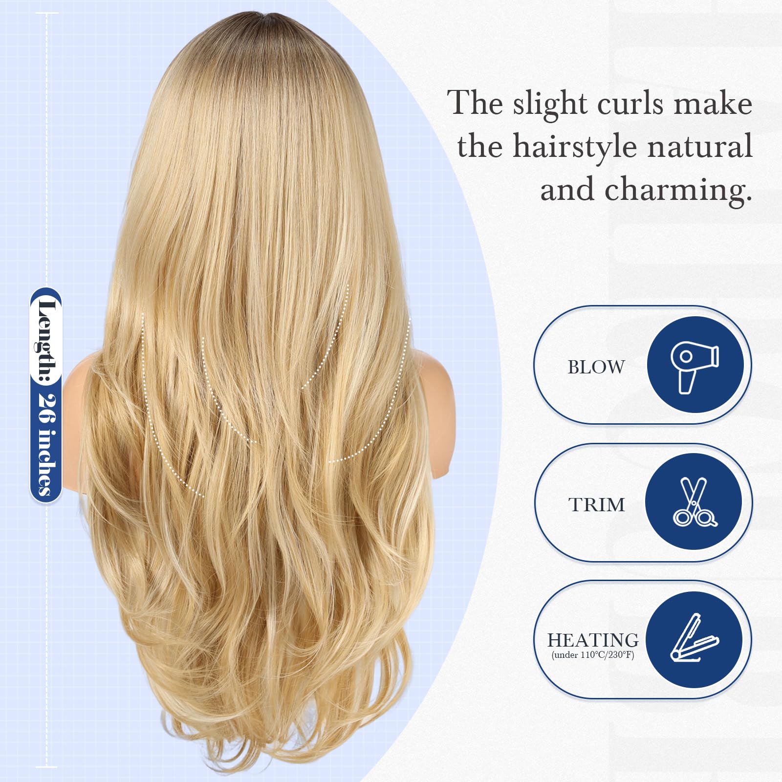 HAIRCUBE Long Auburn Wig with Bangs Layered Curly Orange Wigs for Women Natural Synthetic Wigs for Daily Use (pelucas de cabello natural): Blonde