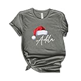 Unisex-Adult Personalized Christmas T-Shirts - Custom Santa Hat Shirts with Name - Family Matching Holiday Shirts - Multi, Grey - Letter Print - One Size - Crew Collar - Short Sleeve