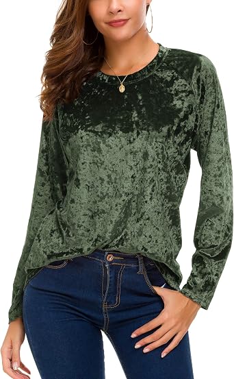 Urban CoCo Womens Vintage Velvet T-Shirt Casual Long Sleeve Top