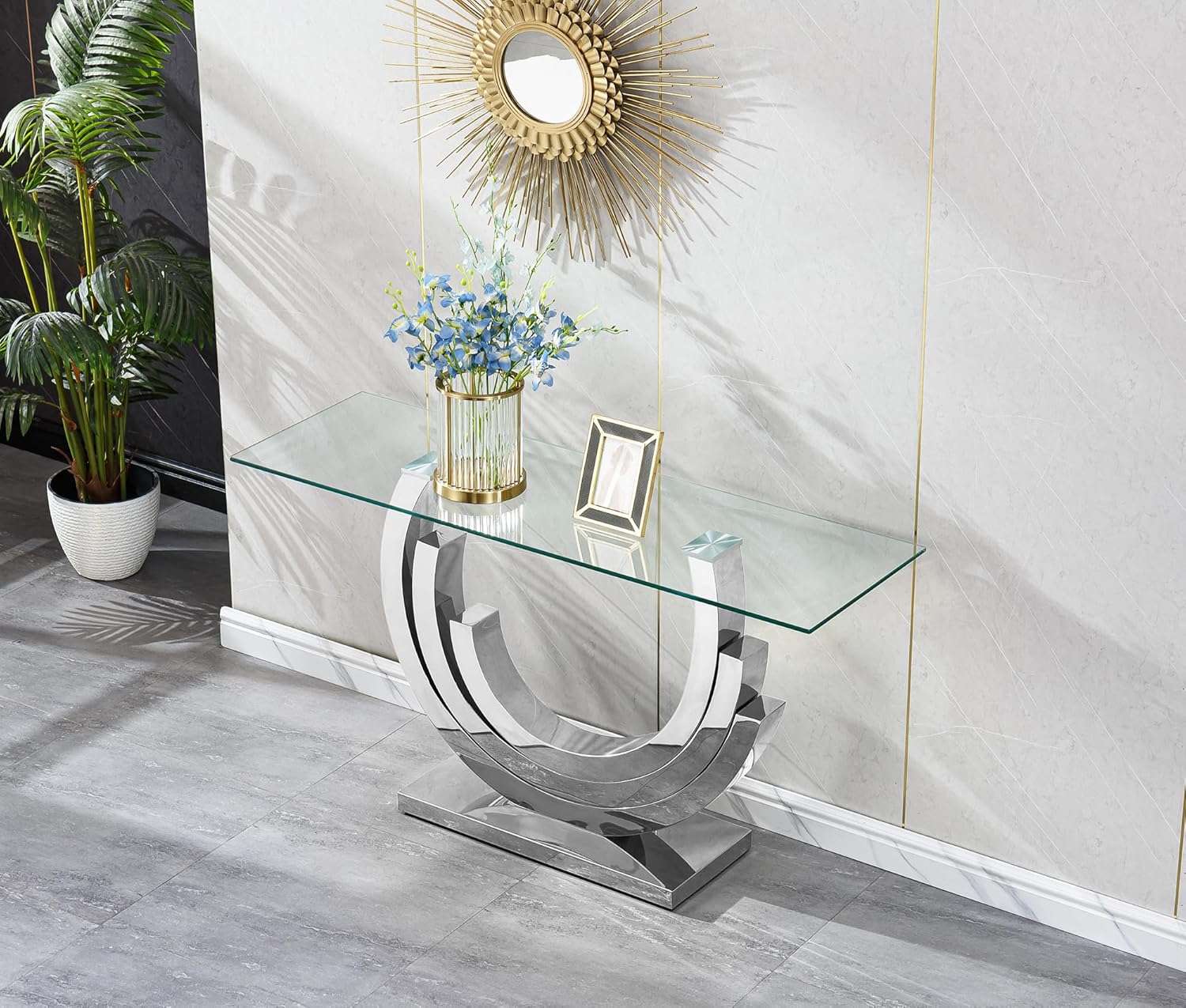 Rectangular Glass Console Table, Modern 55" Rectangular Glass Sofa Table Entryway Table with Stainless Steel Base and Clear Glass Top for Living Room Office
