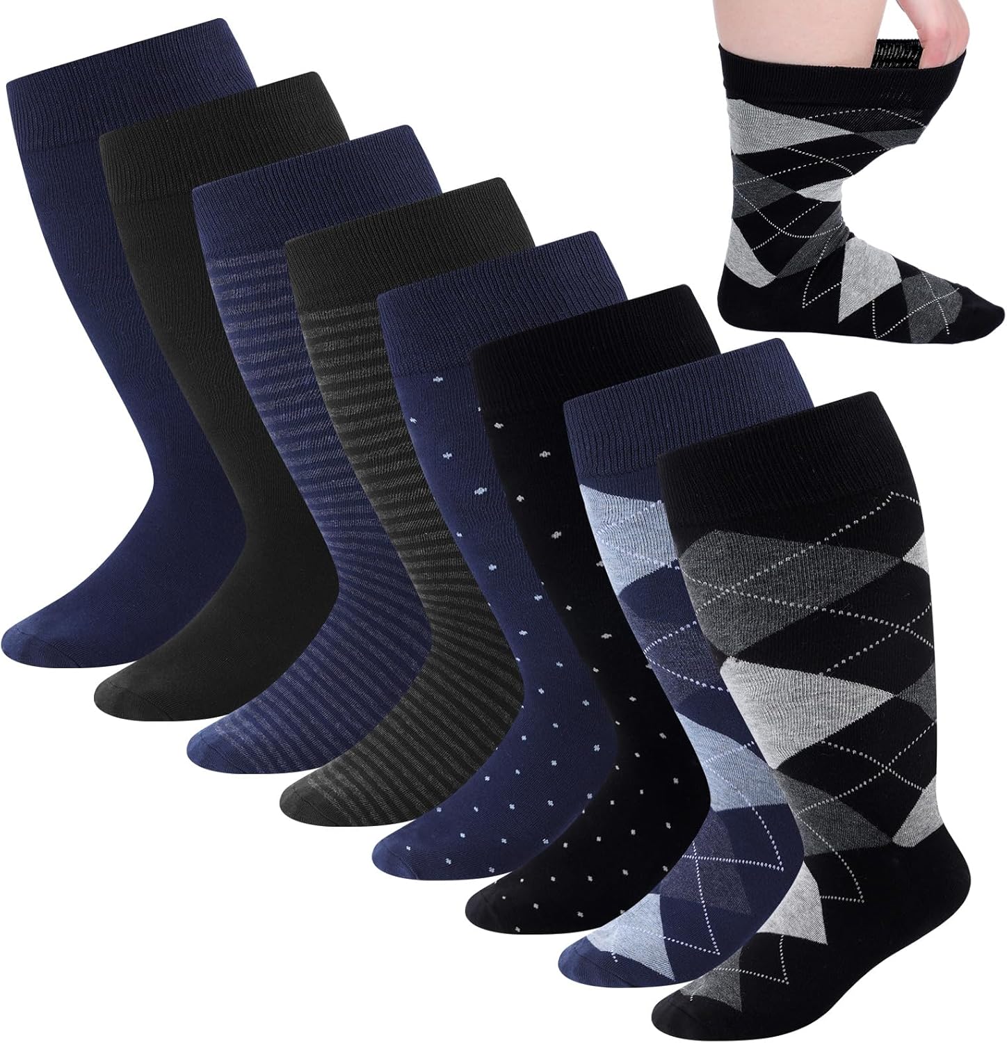 8 Pairs Diabetic Dress Crew Socks for Men Non-binding Loose Top Extra Wide Dress Socks for Swollen Feet(Classic,Dark Blue)
