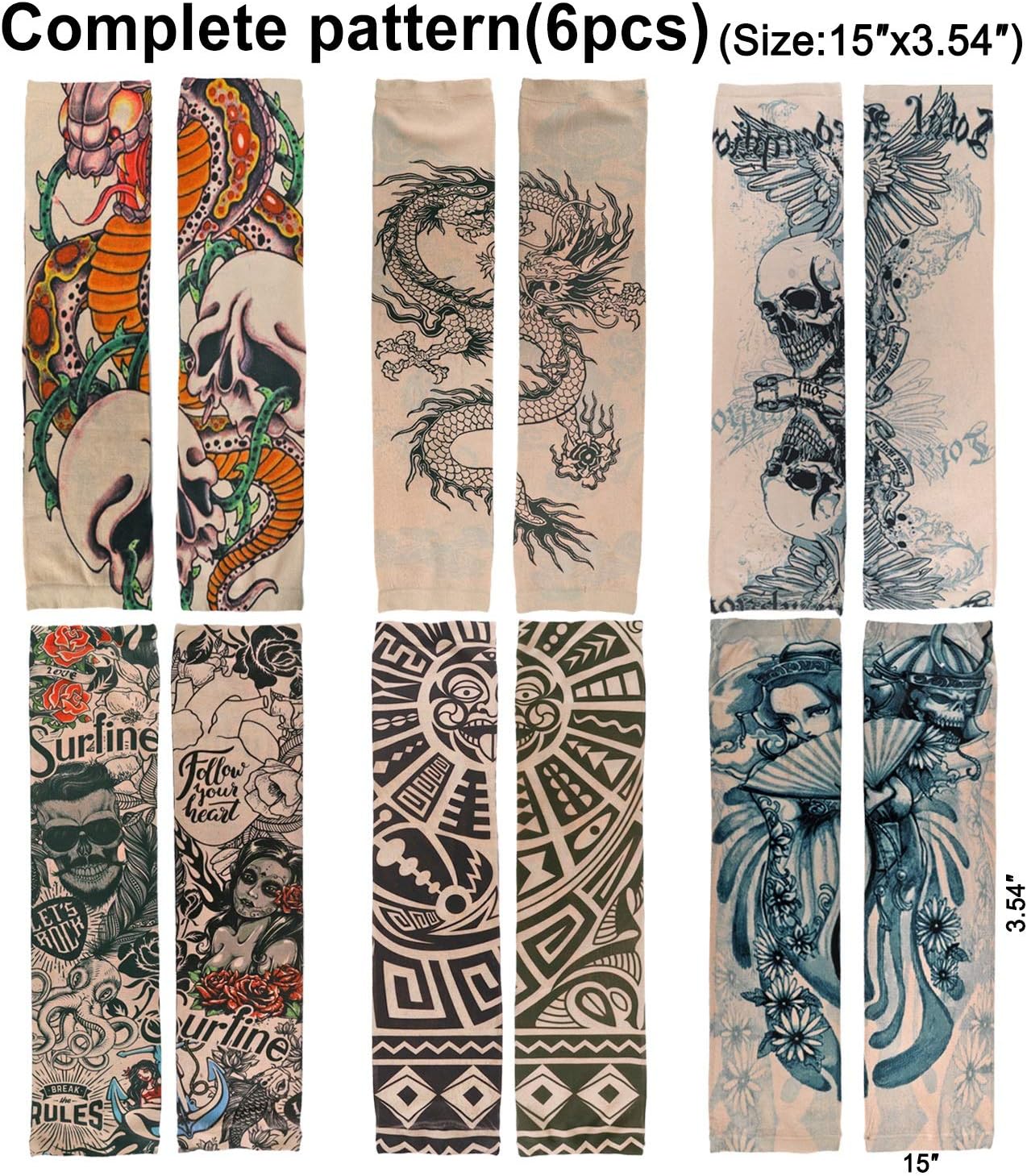 Konsait 6pcs Nylon Fake Temporary Tattoo Sleeves Adult Women Men Slip on Elastic Arm Stockings Unisex Party Halloween Tattoo Biker Sun Block Sleevelet Rose Skulls Tribal - Image 4