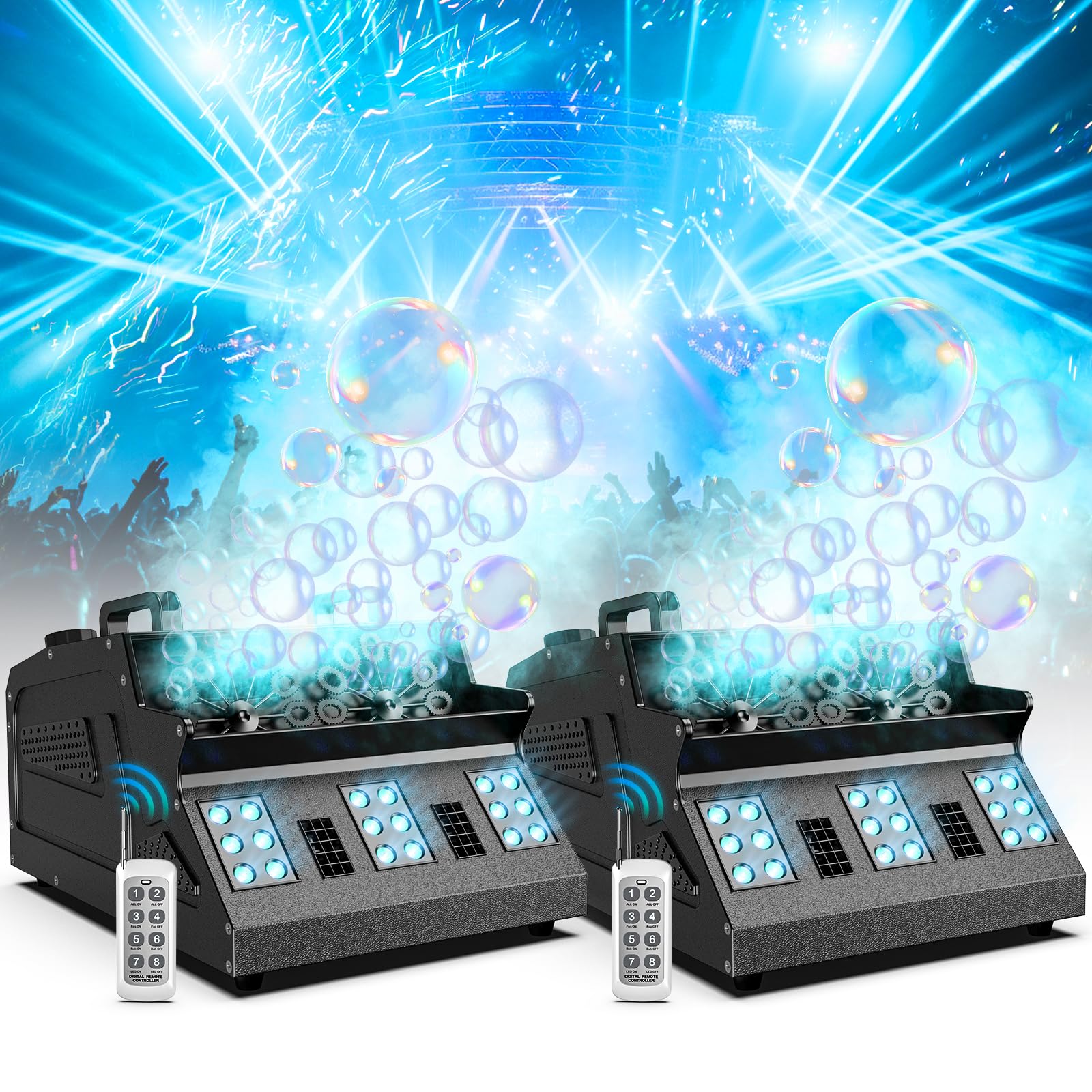 DazzlingStage 3 in 1 Fog Bubble Machine with 2 Bubble Fans, 7 CH RGB 18 LED Lights Smoke Bubble ALL IN 1 Machine, Fog Machine for Halloween, Chrismas, 2 Packs