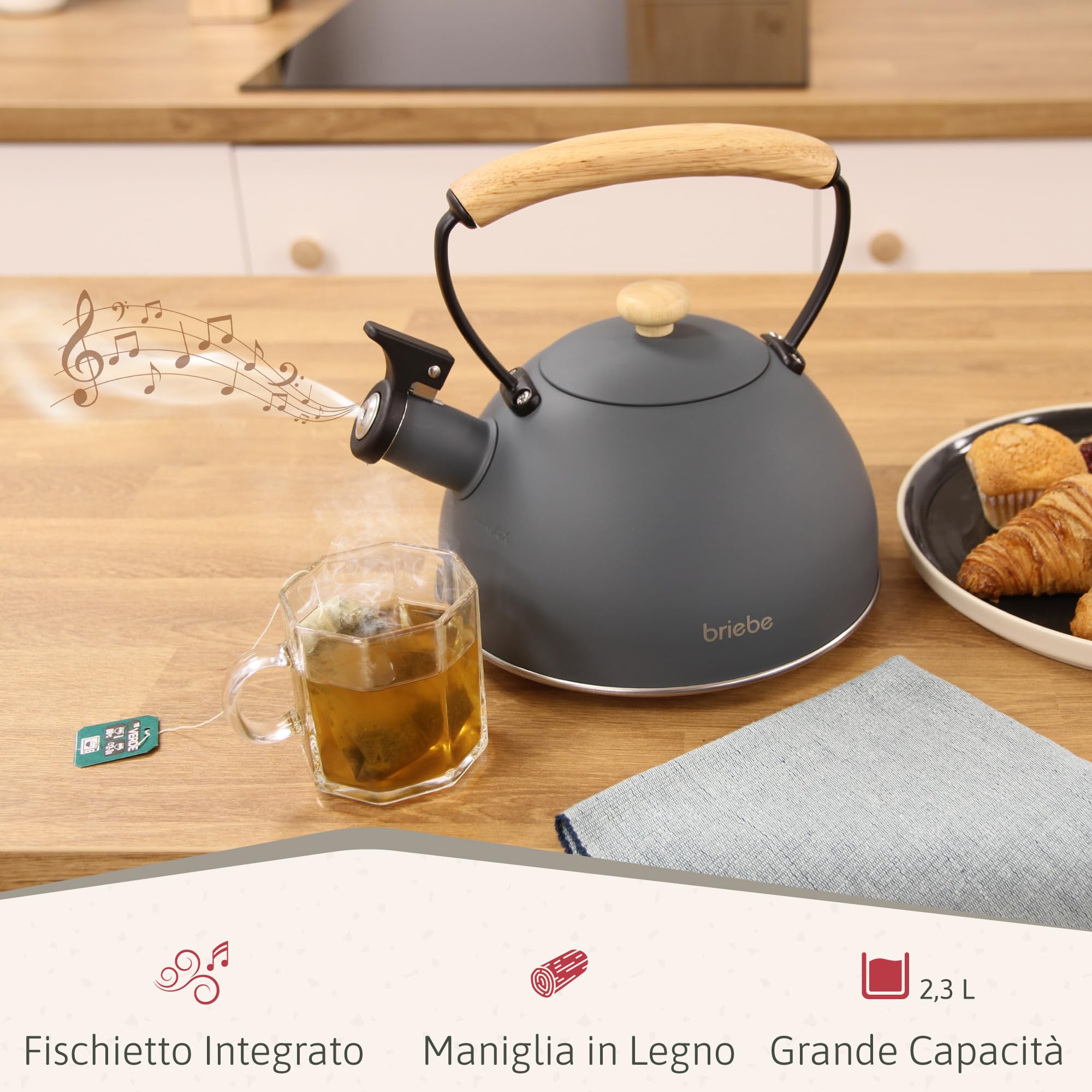 briebe Nordic Tostapane a Fessura Larga a 2 Fette, 6 Livelli di Tostatura, Pinze + Bollitore Induzione a Fischio 2,3 L, Acciaio Inossidabile, Senza BPA, Set Colazione Design Nordique Grigio