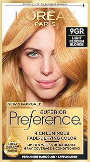 L'Oreal Paris Superior Preference Luminous Fade-Defying Permanent Hair Color, Hair Dye For Up to 9 Weeks of Radiance, Golden Reddish Blonde 9GR, 1 Hair Dye Kit