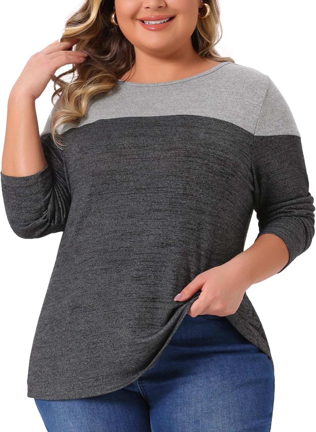 Agnes Orinda Plus Size Top for Women 2025 Color Block Long Sleeve Crewneck Knitted Blouse Casual Loose Pullover Shirts Tops