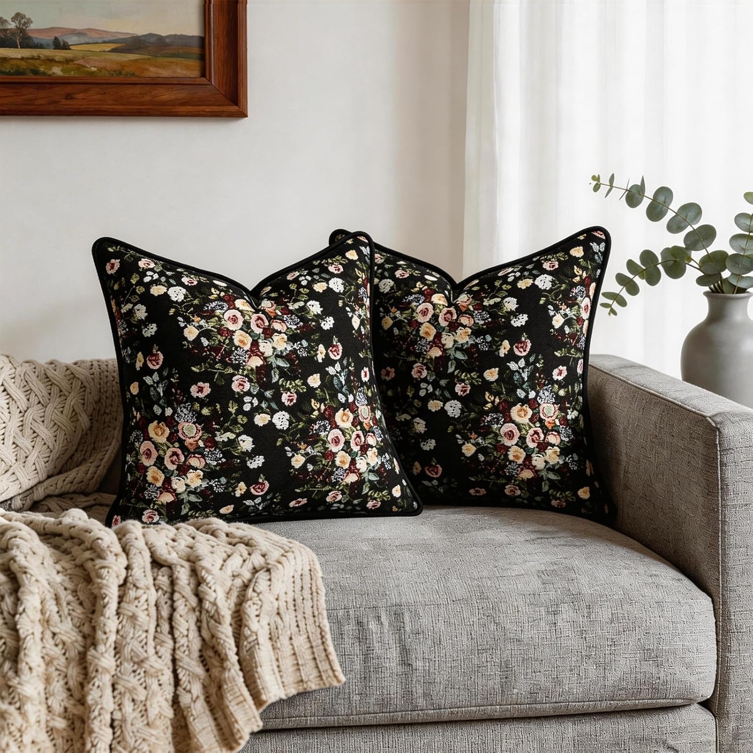 Vintage Rose Throw Pillow Covers 20x20 Inch Set of 2, Floral Woven Couch Pillow Covers with Velvet Backing & Corded Piping, Farmhouse Decorative Cushion Cases for Sofa Living Room, Black-Green
