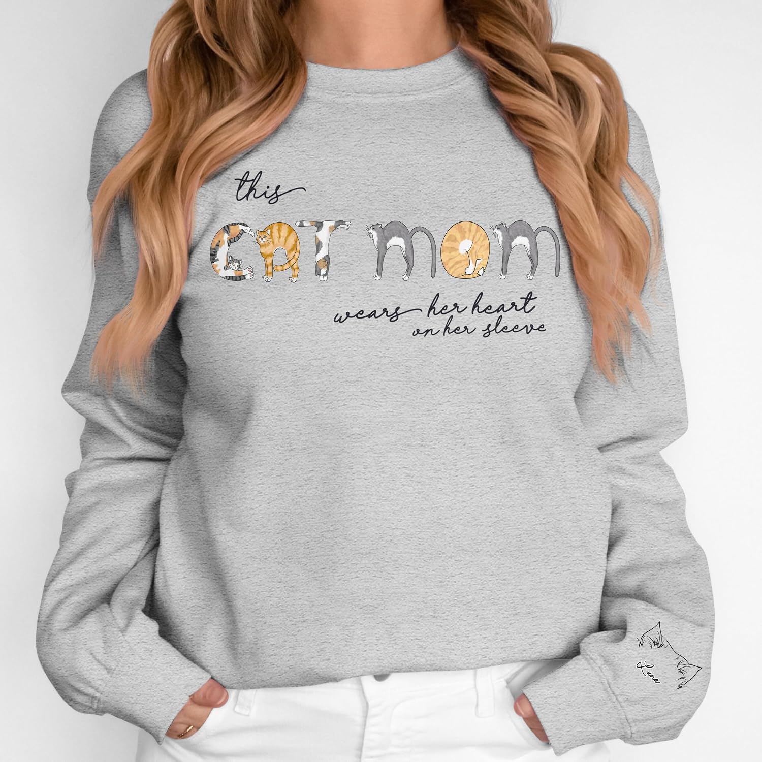 Gossby Personalized Custom Sweatshirt - This Catmom wears her heart on her sleeve Custom Dog Ears Sweatshirt, Line Art