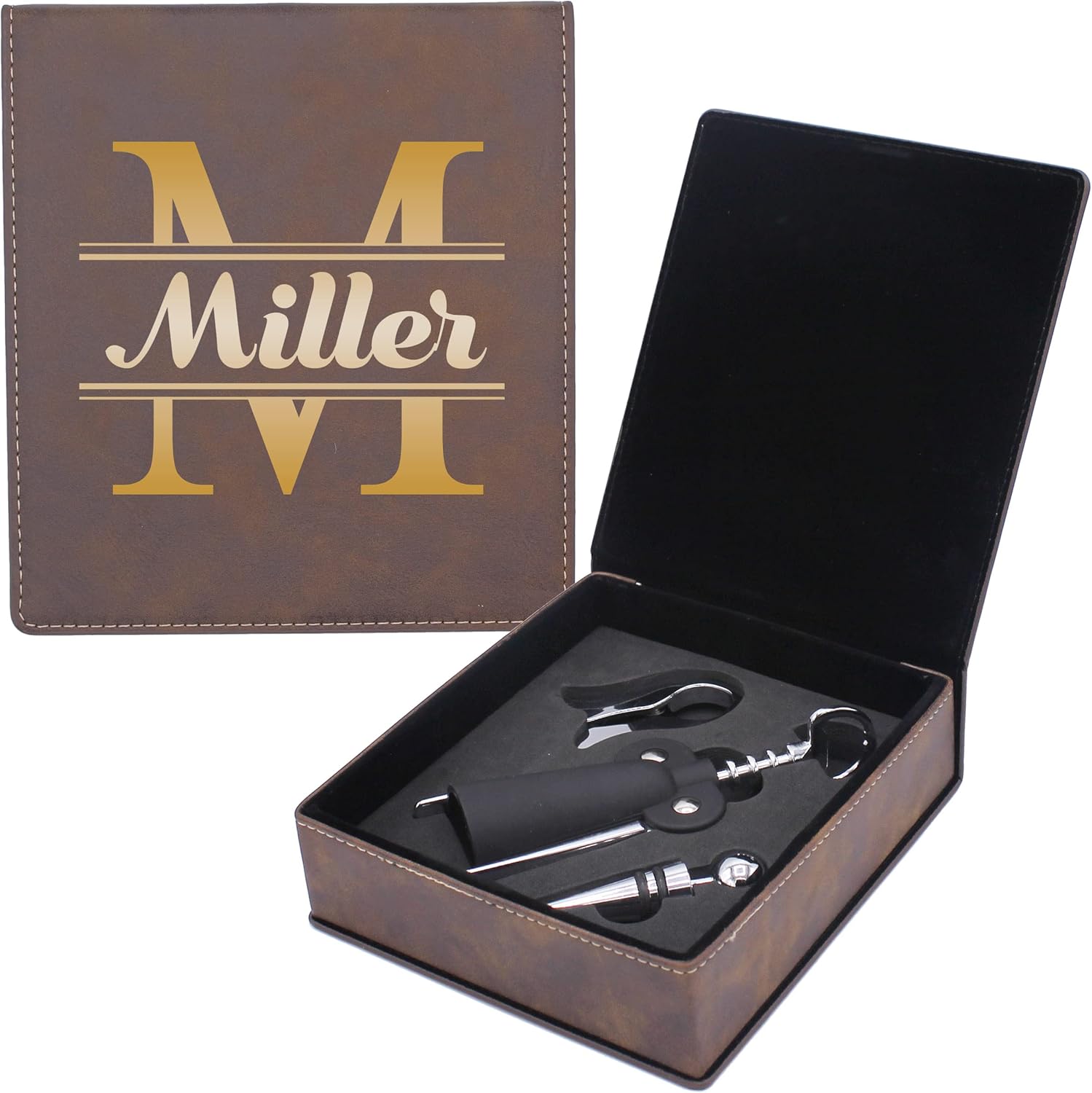 Monogrammed 3 Piece Winged Butterfly Wine Opener Corkscrew Set - Custom Personalized and Engraved (Rawhide with Gold)
