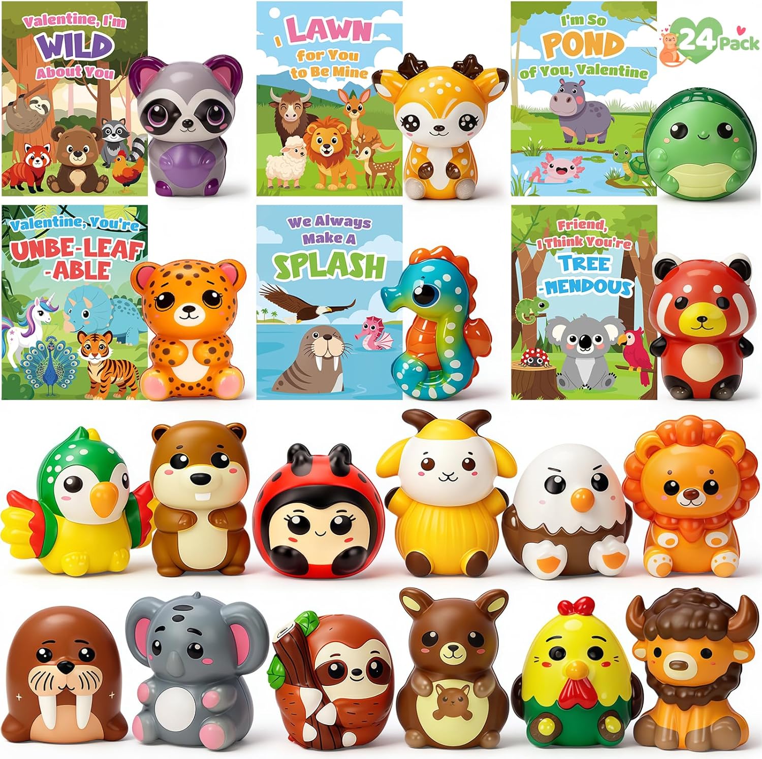 Valentines Day Gifts for Kids, 24 Pack Valentines Day Cards for Kids School with Animal Squeeze Slow Rebound Stress Toys, Classroom Prize Exchange, Party Favors for Boys Girls, Goodie Bag Stuffers