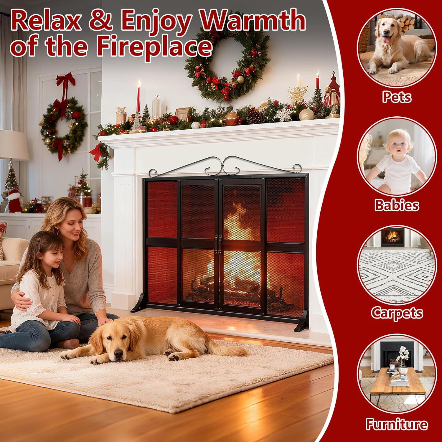 Fireplace Screen with Sliding Doors, 37.8" L x 30.7" W Hand-Forged Iron Fire Place Screens Stand Alone Heavy Duty, Decorative Fireplace Door Gate Cover Guard for Living Room Children and Pet Proofing