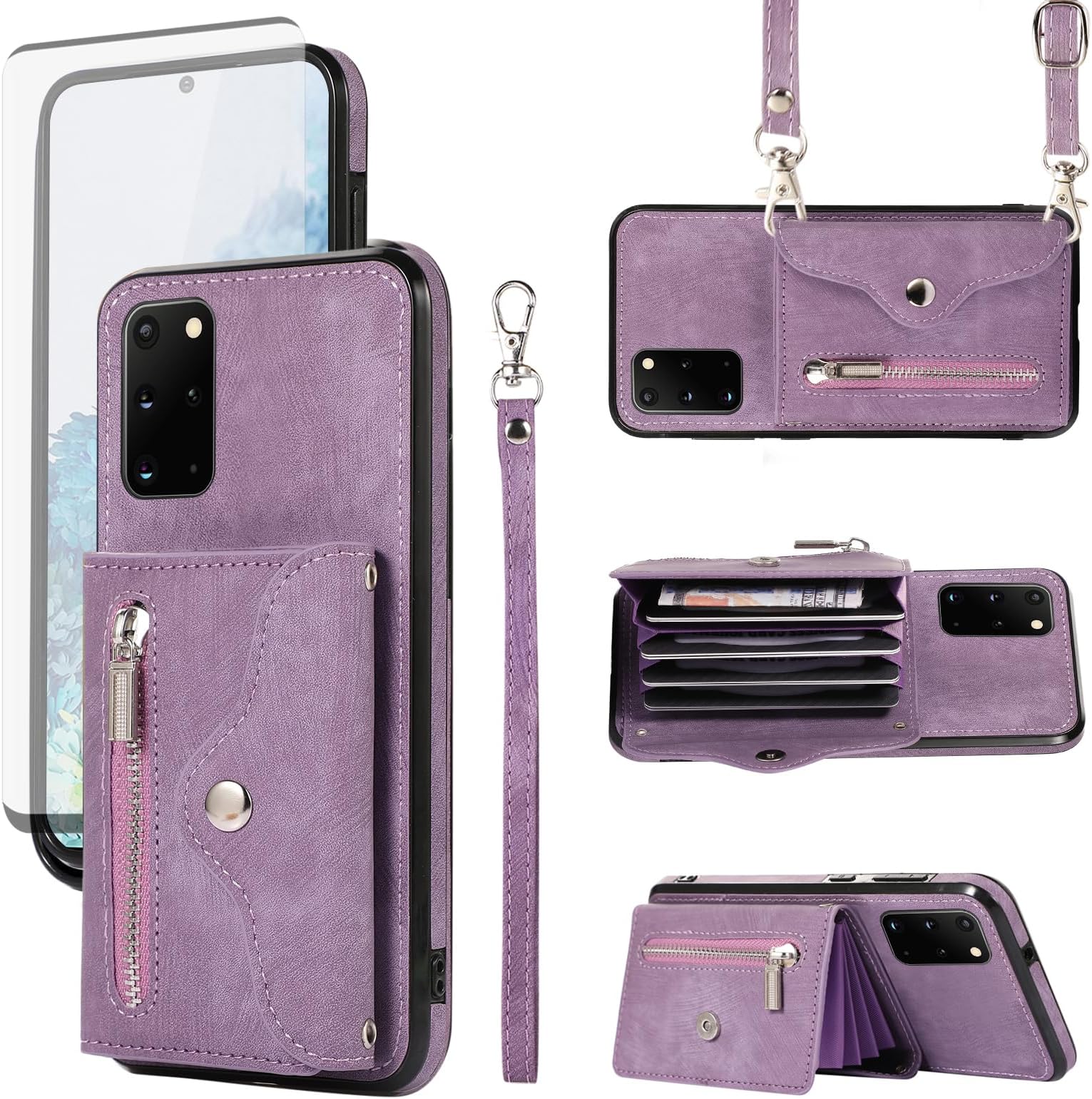 Phone Case for Samsung Galaxy S20 Plus S20+ 5G Wallet Cover with Tempered Glass Screen Protector Wrist Crossbody Strap Lanyard Credit Card Holder Stand S20+5G S20plus 20S + S2O S 20 20+ G5 Purple