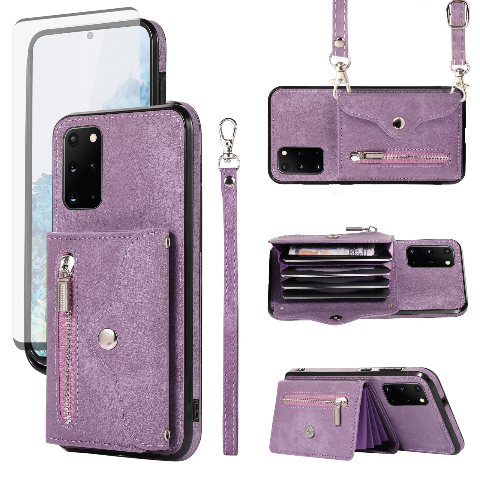 Phone Case for Samsung Galaxy S20 Plus S20+ 5G Wallet Cover with Tempered Glass Screen Protector Wrist Crossbody Strap Lanyard Credit Card Holder Stand S20+5G S20plus 20S + S2O S 20 20+ G5 Purple