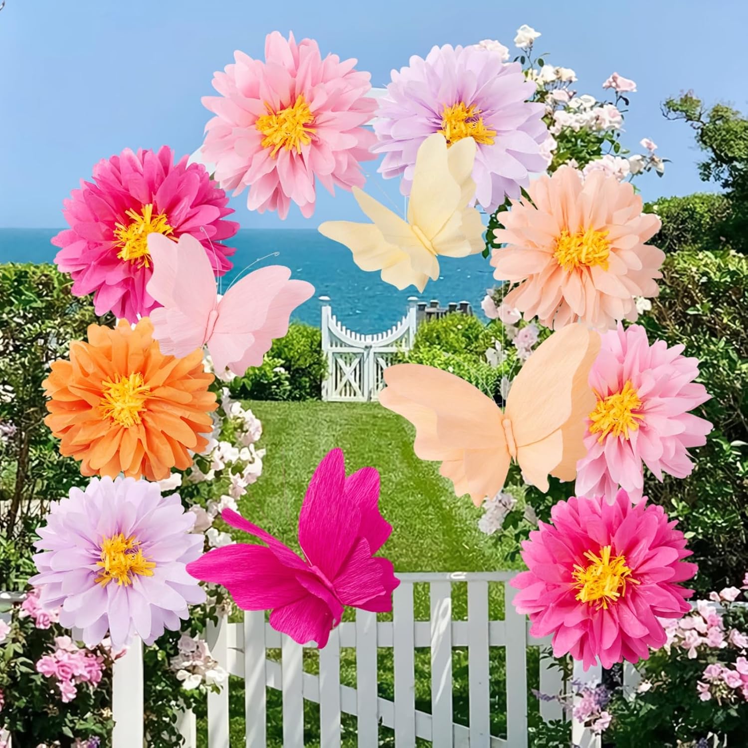 SUNBEAUTY 12 PCS Giant Paper Flowers Large Butterfly Party Decorations Pink Orange Large Tissue Paper Flower for Wall Hanging Butterflies for Birthday Spring Garden Wedding Backdrop Bridal Shower