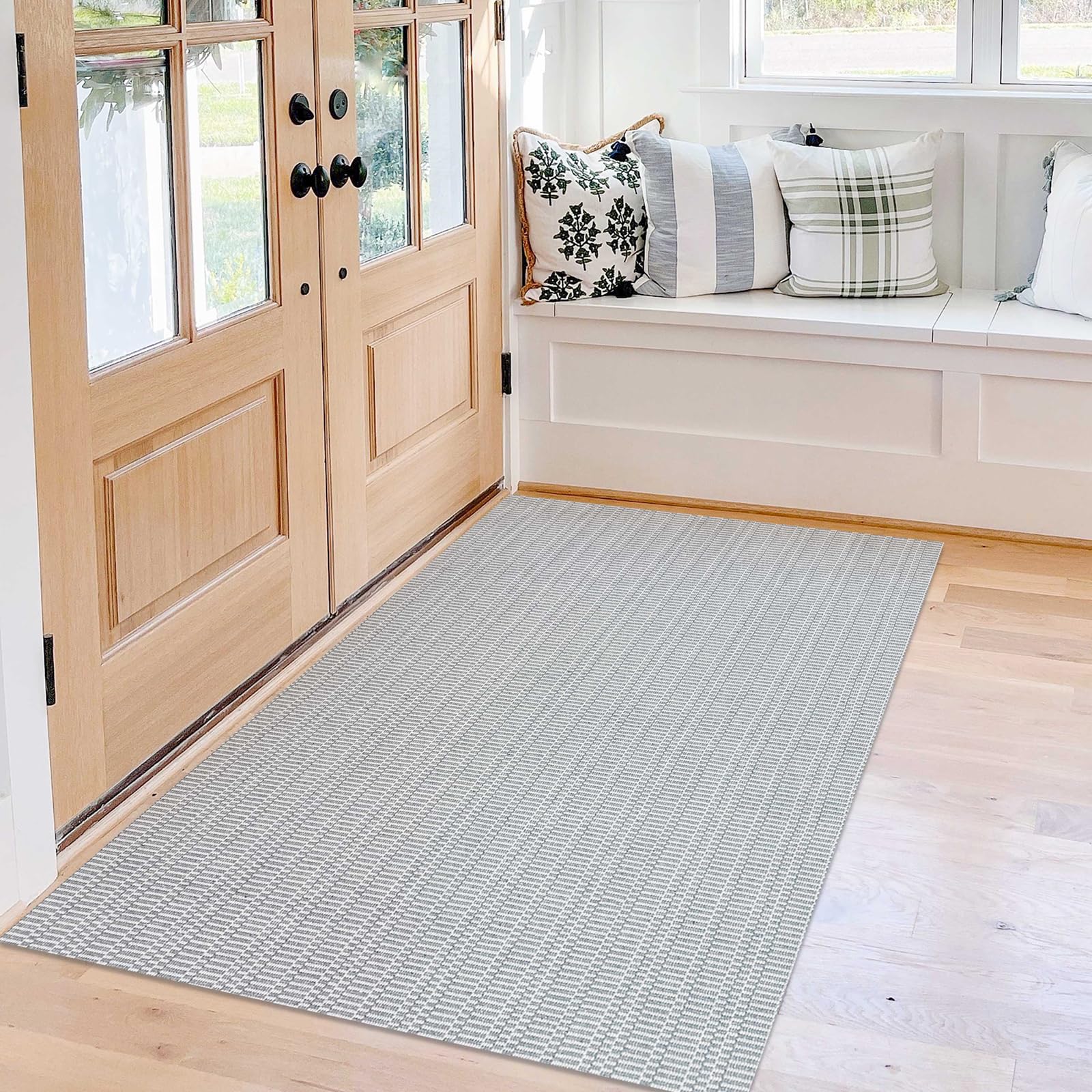 KOZYFLY Boho Entryway Rugs 3x5 ft Washable Front Door Area Rug Indoor Non Slip Kitchen Area Rug Light Gray Front Porch Mat Cotton Woven Throw Carpet for Entryway Bathroom Living Room Bedroom